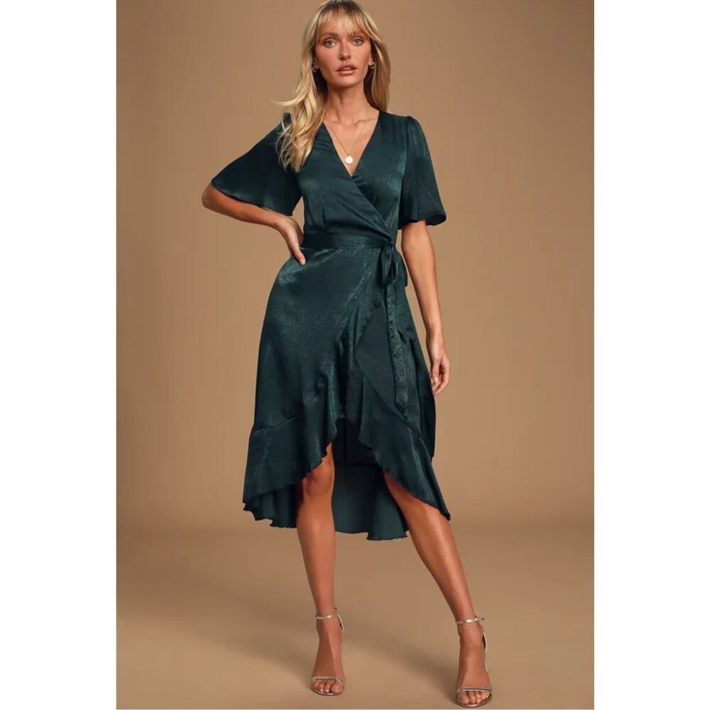 Lulu’s Wrapped Up In Love Dark Green Satin Faux-Wrap Midi Dress Event Party M